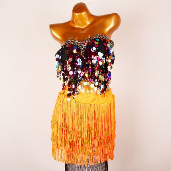 

latin dance dress women fringe skirt big sequin skirt suit belly dance rumba performance salsa wear latin dress vdb03, Black;red