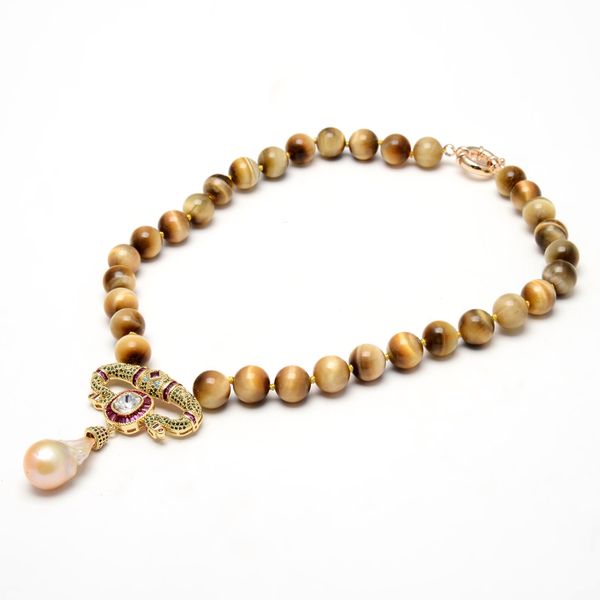 

guaiguai jewelry natural 12mm smooth round yellow tiger eye necklace cubic zirconia pave white keshi pearl pendant 18" for women, Silver