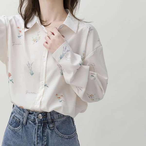 

white chiffon women's hong kong flavor design niche long sleeve autumn new loose salt floral shirt