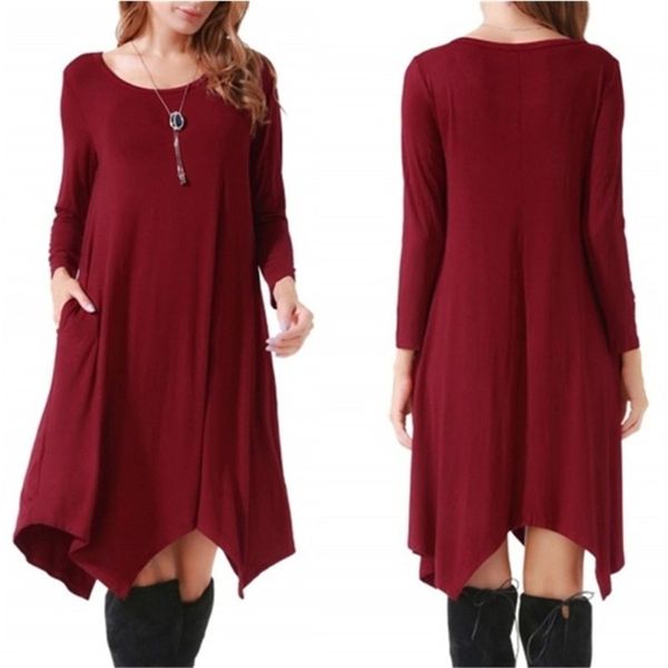 

lossky women cotton dress autumn winter long sleeve black dress streetwear pocket solid irregular loose plus size casual dresses, Black;gray
