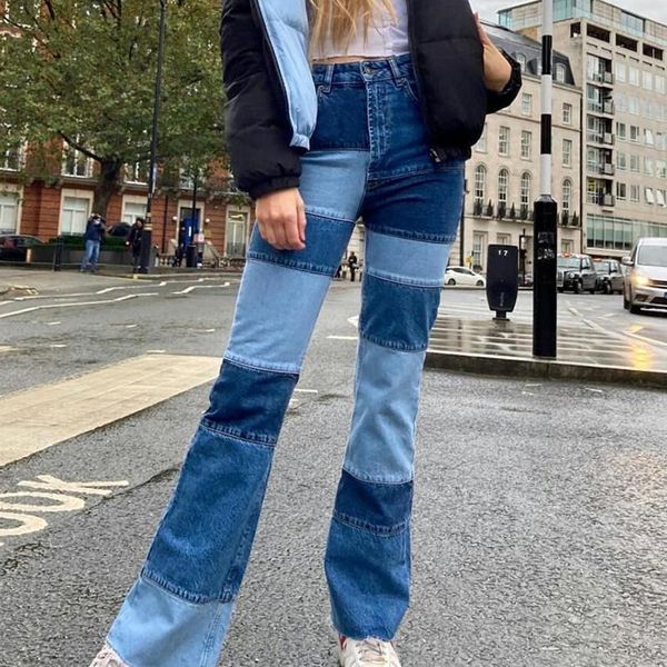 

2021 summer spring women patchwork casual jeans stretch ripped color block vintage denim pants straight-leg slim jeans pants #g3, Blue