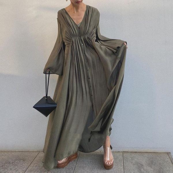

casual dresses de0018 flare sleeve oversized elegant fashion v-neck folds buttons loose solid ankle-length dress vestidos mujer verano, Black;gray