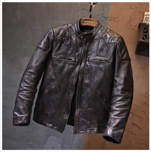 

men's leather & faux yrvintage .luxury style biker jacket.men 1.4mm thick tea core horsehide coat.quality cool clothes, Black