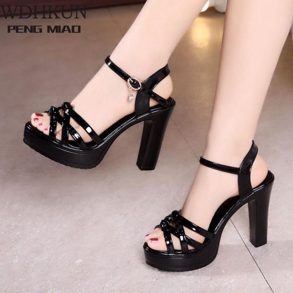 

sandals plus size 32-43 block heel platform women wedding shoes summer 2021 elegant leather high heels ladies office, Black