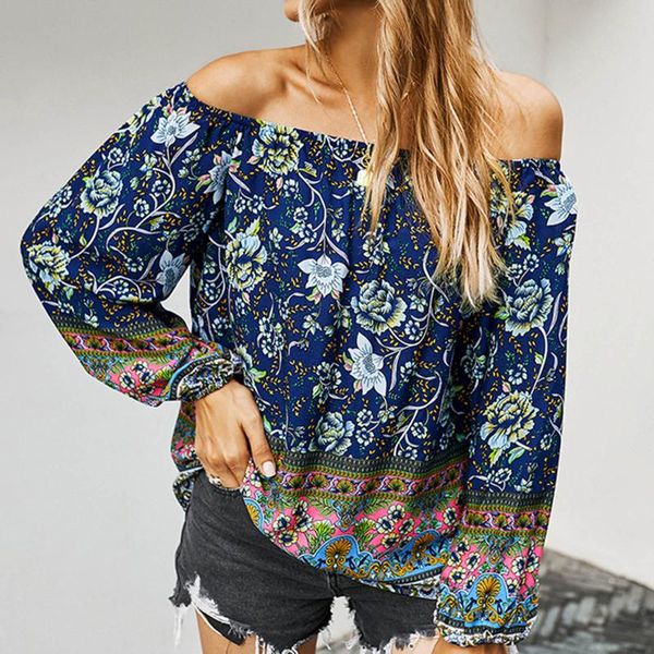

women's blouses & shirts 2021 summer women shirt blouse fashion flower printed off shoulder slash neck chiffon casual loose blusas, White