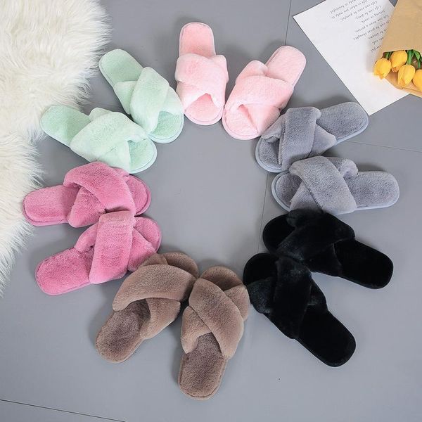 

fashion women slipper casual comfort cross furry slipper home warm female light flat sandals plus size fluffy slippers, Black