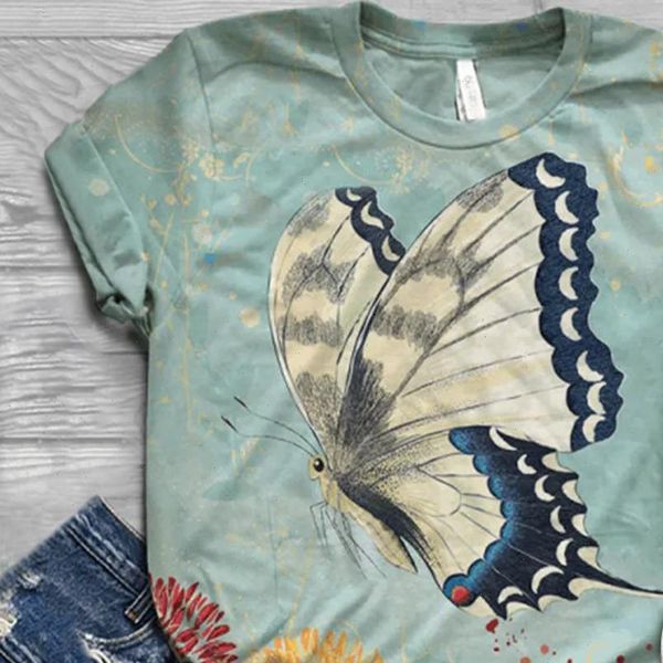 

plus size summer women short sleeve 3d animal printed butterfly o neck tee blouse blusa mujer blusa feminina lw, White