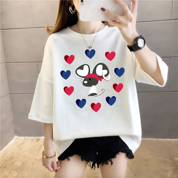 

new 2021 summer shirt fashion o neck casual cartoon print women's cute t shirts with short sleeves qwxz, White