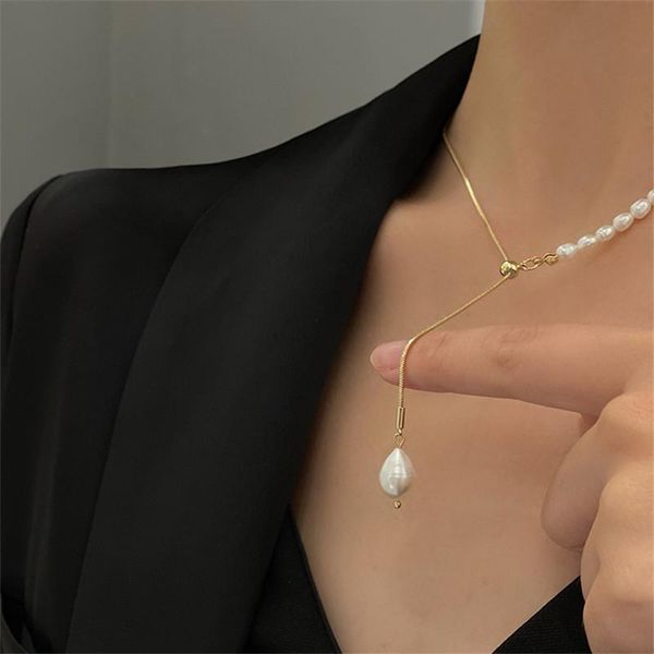 

chokers simple pearl necklace women's baroque long tassel adjustable personality creativity fashion temperament clavicle chain, Golden;silver