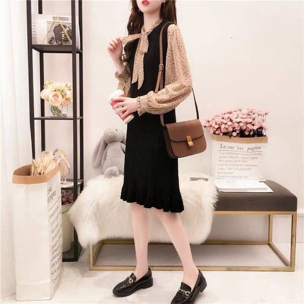 

2021 new spring autumn women sweet bow dot chiffon blouse + female casual vest mermaid knitted sweater two piece sets k165n6qe, Black;gray