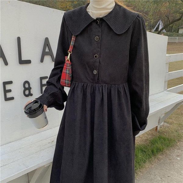 

casual dresses 2021 women chic sweet black dress female fashion antumn spring vintage warm sashes corduroy a-line solid long brief soft, Black;gray