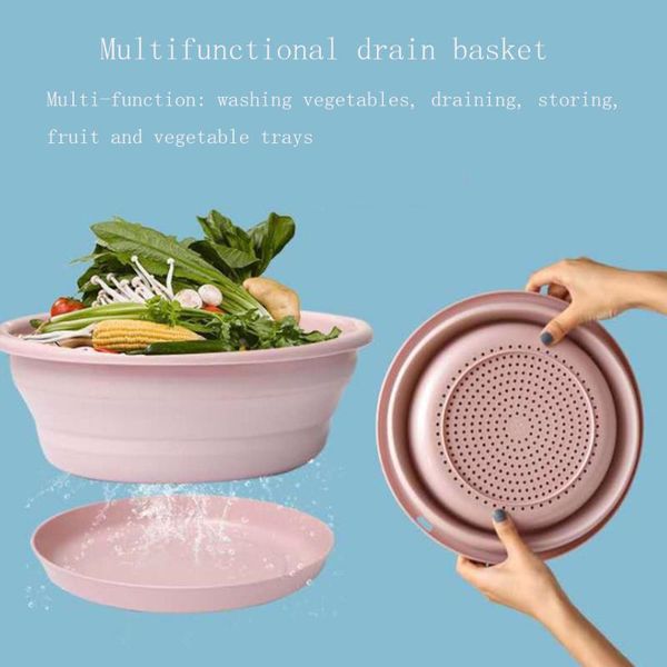 

storage baskets 2-in-1 double-layer multi-function drain basin folding washbasin kitchen three colors optional 2021