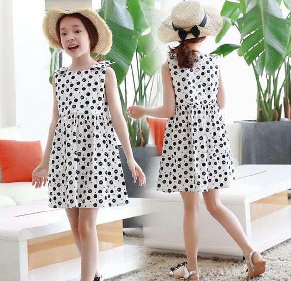 

girl's dresses children korean dress clothing girls o-neck polka dot printed bow sleeveless princess party kids casual, Red;yellow