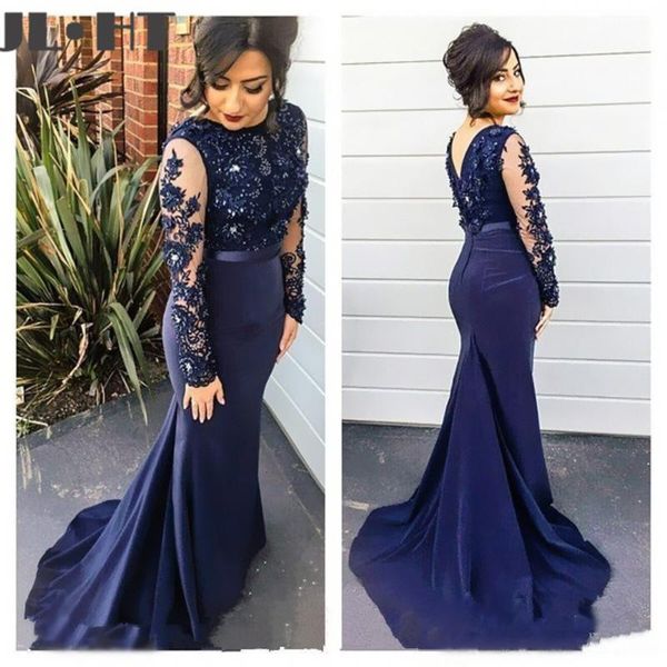 

party dresses navy blue mermaid evening long appliques beading full sleeves sweep train for women, White;black