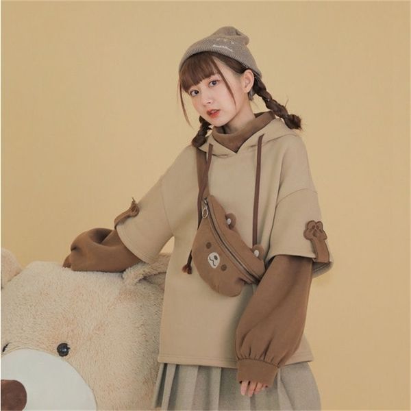 

brown three-dimensional bear cartoon pattern harajuku style hoodie thick long sleeve pullover comes with bear bag oversized jack 201126, Black
