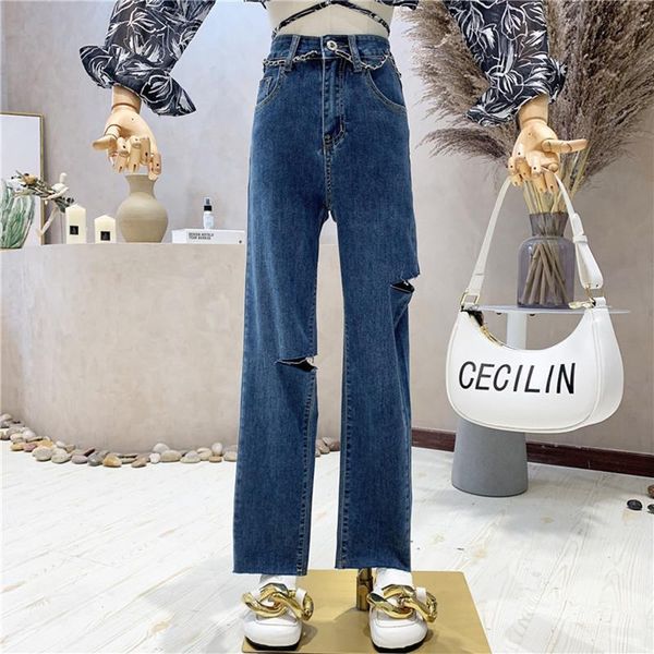 

women's jeans clothing summer 2021 fashion high waist thin hole straight ninth pants, Blue
