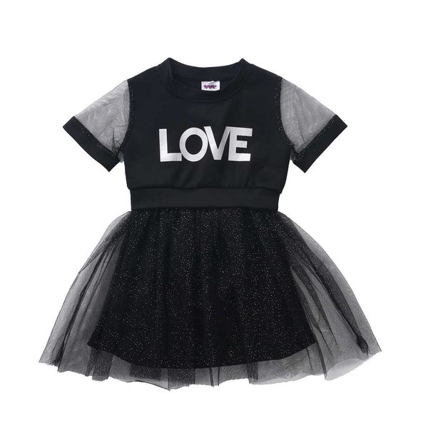 1-6Y Летнее малыш младенца малыш девочек черное платье буква оборками тюль платье для девочек Q0716