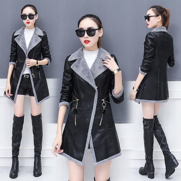 

women's trench coats autumn winter leather coat long plus velvet pu windbreaker size female outwears casco femminos, Tan;black