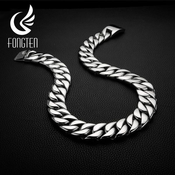 

chains fongten heavy wide cuban link chain mens necklace shiny stainless steel polished big punk jewelry, Silver