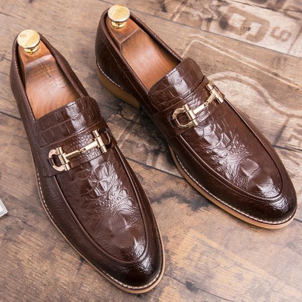 

crocodile pattern luxury mens leather shoes loafers fashion formal wedding gentleman zapatos de hombre oxfords male dress shoes, Black