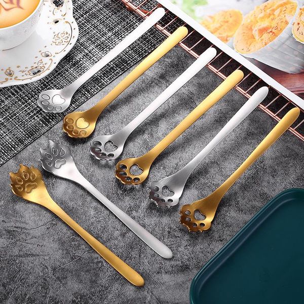 

spoons 304 stainless steel gold/silver cute dog cat claw milk coffee spoon colander cutlery long handle dessert tableware,1pc