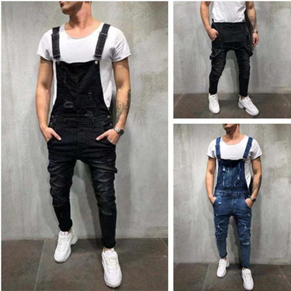 

men's jeans lomemol fashion ripped jumpsuits hight street denim bib hole overalls for man suspender pants patchwork, Blue