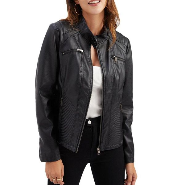 

women's leather & faux 2021 women jacket short coat female spring autumn stand collar solid slim zipper decoration motorcycle outerwear, Black