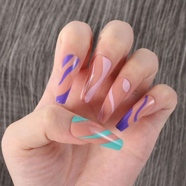 

false nails 24pcs/box detachable wavy long ballerina artificial coffin nail tips women fashion wearable fake manicure, Red;gold