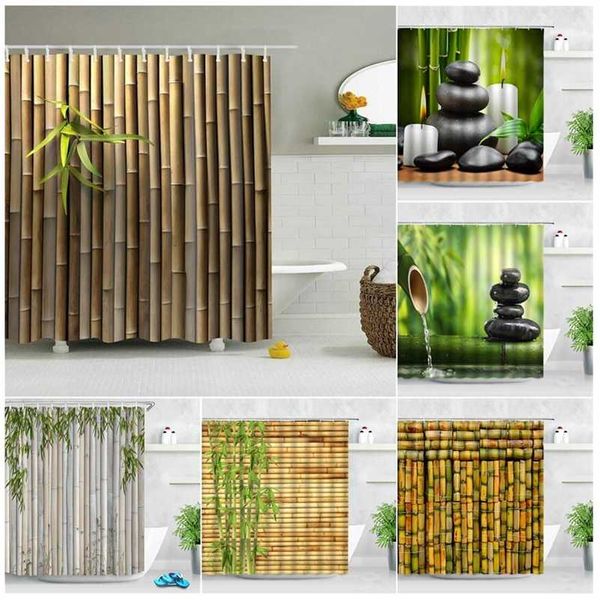 Grüne Bambus-Duschvorhänge, schwarzer Stein, weiße Kerze, Zen-Gartenlandschaft, Heimwanddekoration, Badezimmerstoff, Badvorhang mit Haken 211116
