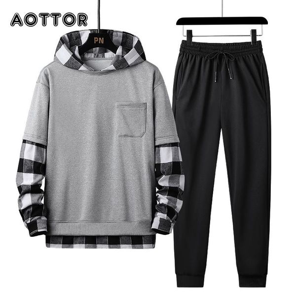 

men's tracksuits spring autumn mens set tracksuit men plaid patchwork hoodies + pants 2 pieces fashion studen sports suit streetwear 4x, Gray