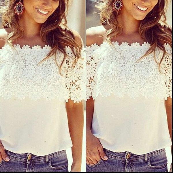 

womens clothing fashion summer lace crochet off shoulder chiffon shirt casual blouse drop shipping, White