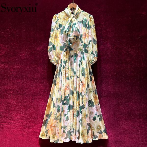 

casual dresses svoryxiu 2021 summer runway fashion maxi dress women's lantern sleeve lace lining camellia flower print holiday long, Black;gray