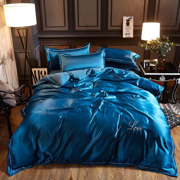 

soft washed cotton silk tencel ice satin silk bedding sets pillowcases set bedclothe quilt/duvet bed flat sheet cover /king