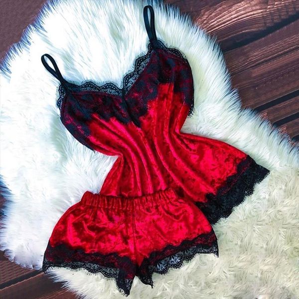 

lingerie camisole bow shorts women sleepwear v neck stain lace pajamas casual homewear female pyjamas, Black;red