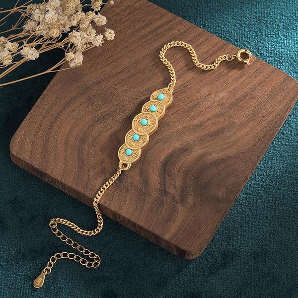 

charm bracelets creative design retro dress cheongsam accessories five emperors coin imitation turquoise bracelet women, Golden;silver
