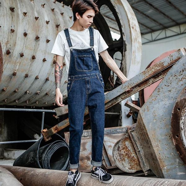 

men's jeans 2021 harajuku denim overalls korean version of the self-cultivation feet stretch strap blue trousers
