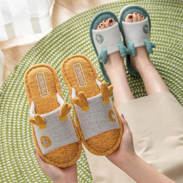 

slippers linen female summer home cotton and thick-soled mute support indoor four seasons fabric spring autumn, Black
