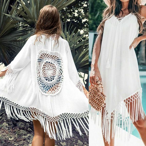 

imcute 2021 summer women tassel bikini covers beachwear swimwear cover-up ladies dress sarong tunic dresses, White;black
