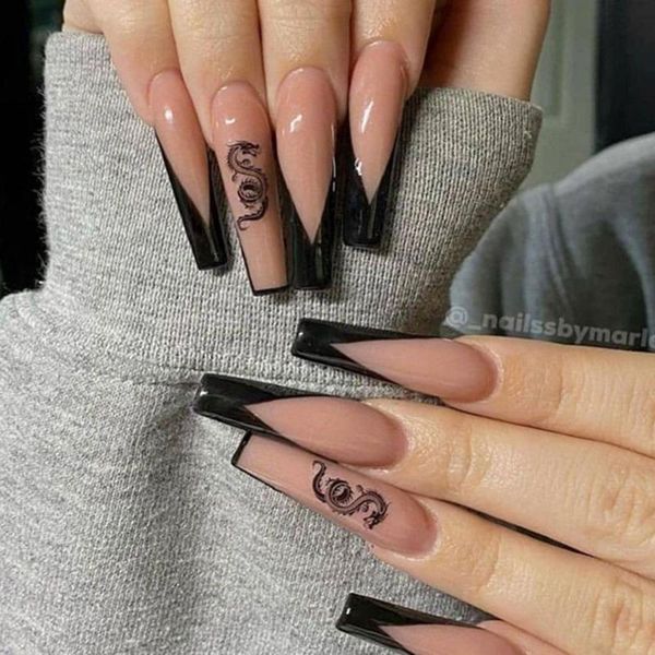 

false nails 24pcs/box long coffin detachable wearable ballerina fake full cover nail tips with glue fashion manicure tool, Red;gold