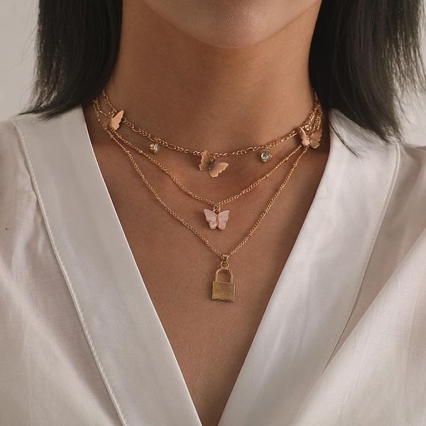 

pendant necklaces vintage boho multilayer choker butterfly lock chain necklace for women gold silver color collar fashion jewelry gift