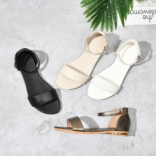 

sandals concise style real leather flat women ankle strap open toe summer woman ladies small size 33-46 shoe, Black