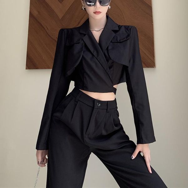 

women's two piece pants korean fashion set women crop lace-up blazer coat + high waist pant suits sets autumn streetwear 2, White