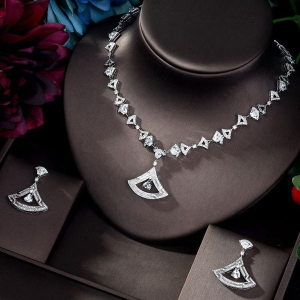 

earrings & necklace hibride fashion design cubic zirconia pave wedding jewelry set for women gift earring parure bijoux femme n-872, Silver