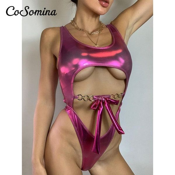 

one-piece suits summer shiny solid one piece swimsuit women hollow out swimwear female chain high cut monokini bandeau bathing suit 202