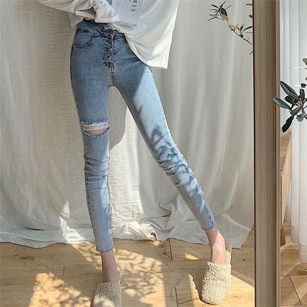 

women's jeans ankle length ripped pencil for women summer autumn high waist stretchable skinny denim pants ladies casual, Blue