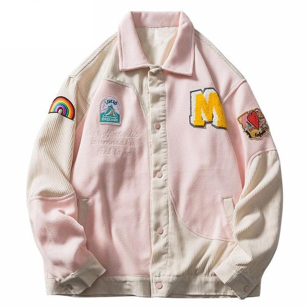 

men's jackets hip hop tooling jacket men corduroy patchwork embroidery big letter print streetwear women harajuku loose coats couple, Black;brown