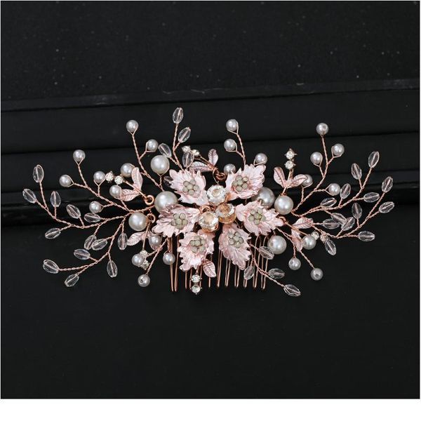 

five-piece fashion rose gold wedding hair comb flower tiara handmade pearl headdress prom earrings hair clip bridal hai qyline