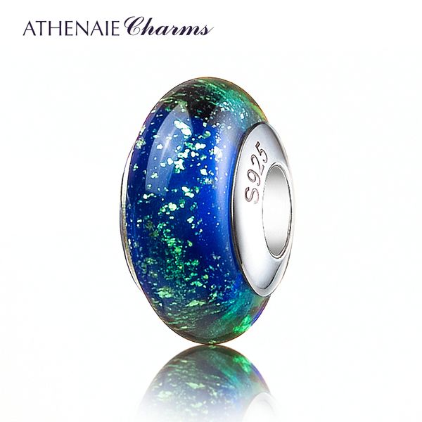

athenaie genuine murano glass 925 silver core gold sand charms bead fit all european bracelets color blue gift for christmas day q0531, Black