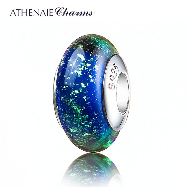 ATHENAIE Genuino Vetro di Murano 925 Argento Nucleo Oro Sabbia Charms Bead Adatto a tutti i braccialetti europei Colore Blu Regalo per il giorno di Natale Q0531