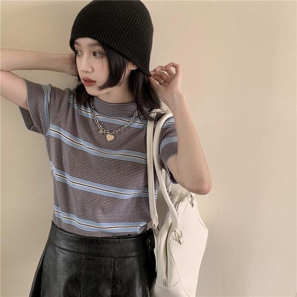 

women's t-shirt 2021 summer korean knitted striped t shirts women short sleeve half high-neck casual fashion female pullovers tee, White